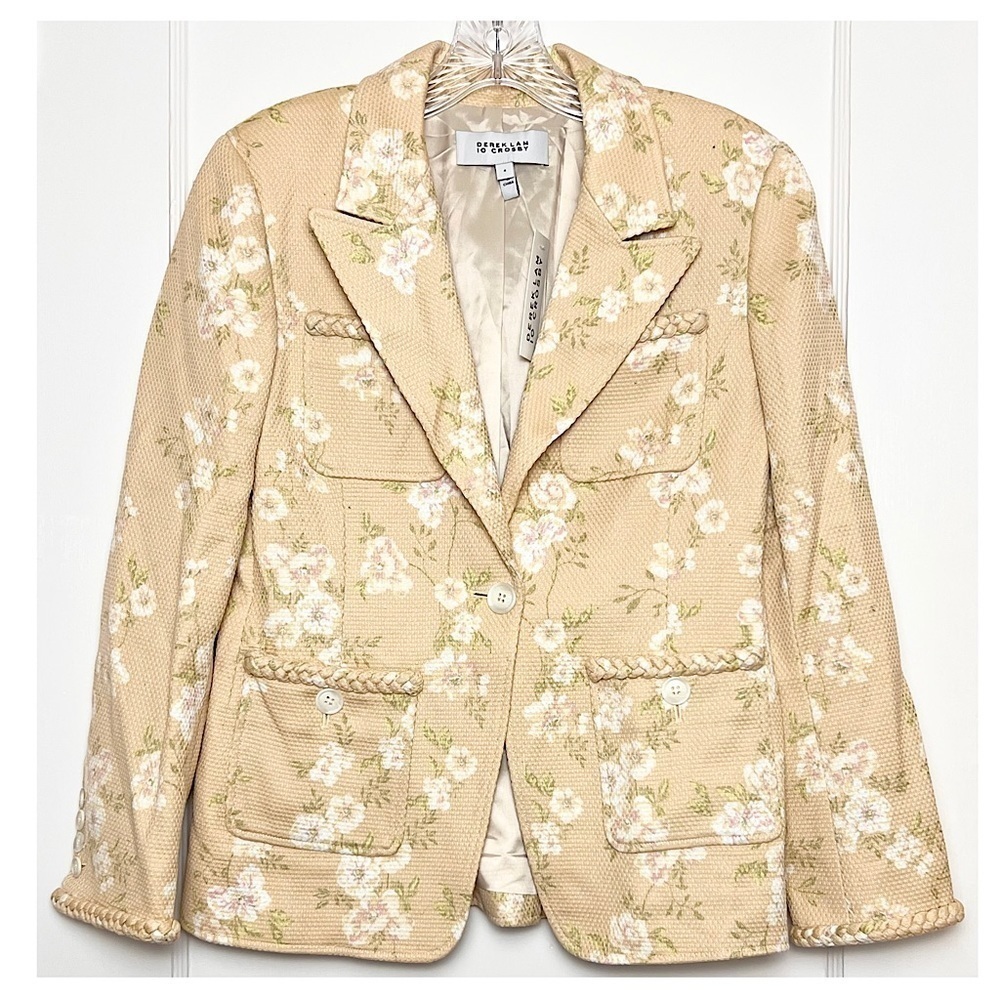 NWT DEREK LAM Floral Beige Single Button Braid Trim Basket Weave Blazer Jacket 4